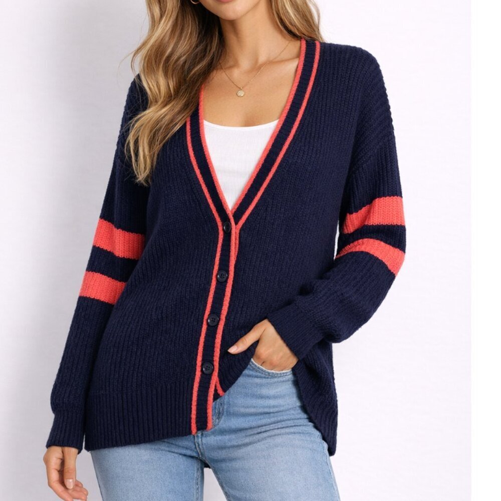 Harper Heritage Varsity Stripe Cardigan Size S Navy Coral Button Sweater